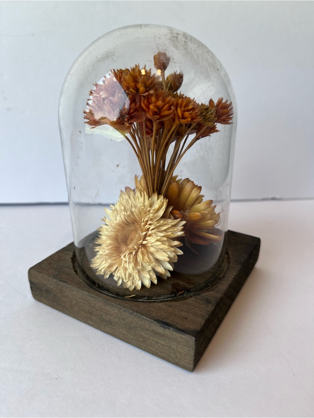 Vintage Glass Dome Wood Base Dried Flowers 70’s